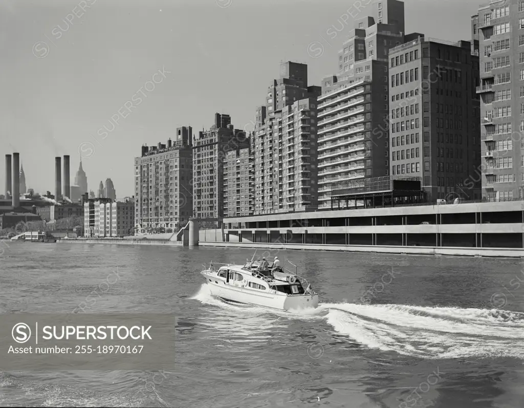 Vintage photograph. exclusive apartment buildings along the east river in the 70s