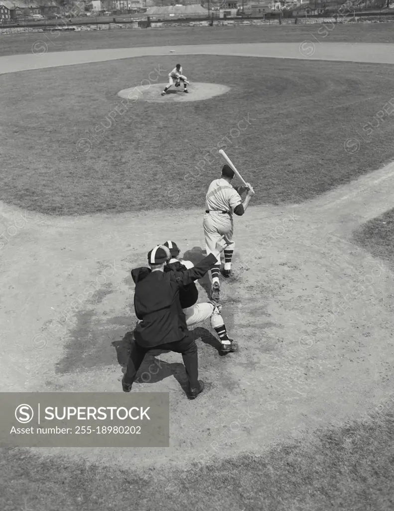 Vintage photograph. Baseball scene after pitch