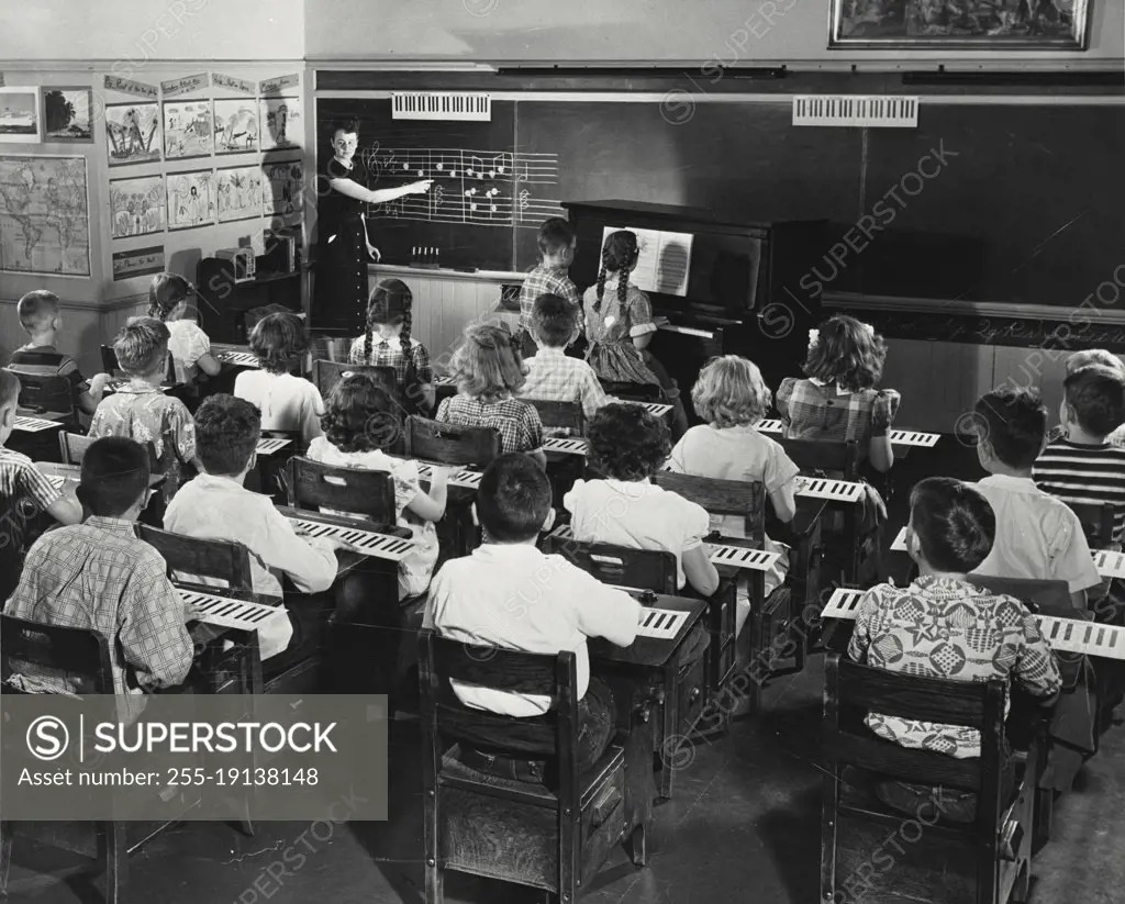 Vintage photograph. Classroom activities music in public schools at Oak Park Illinois