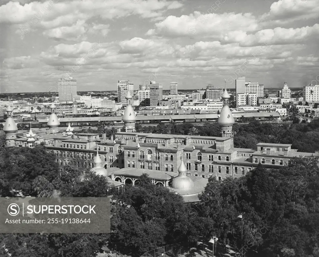 Vintage photograph. Tampa skyline as viewed over the unique Moorish minarets of the University of Tampa, once the plush Tampa Bay Hotel, play place of the nation's wealthy