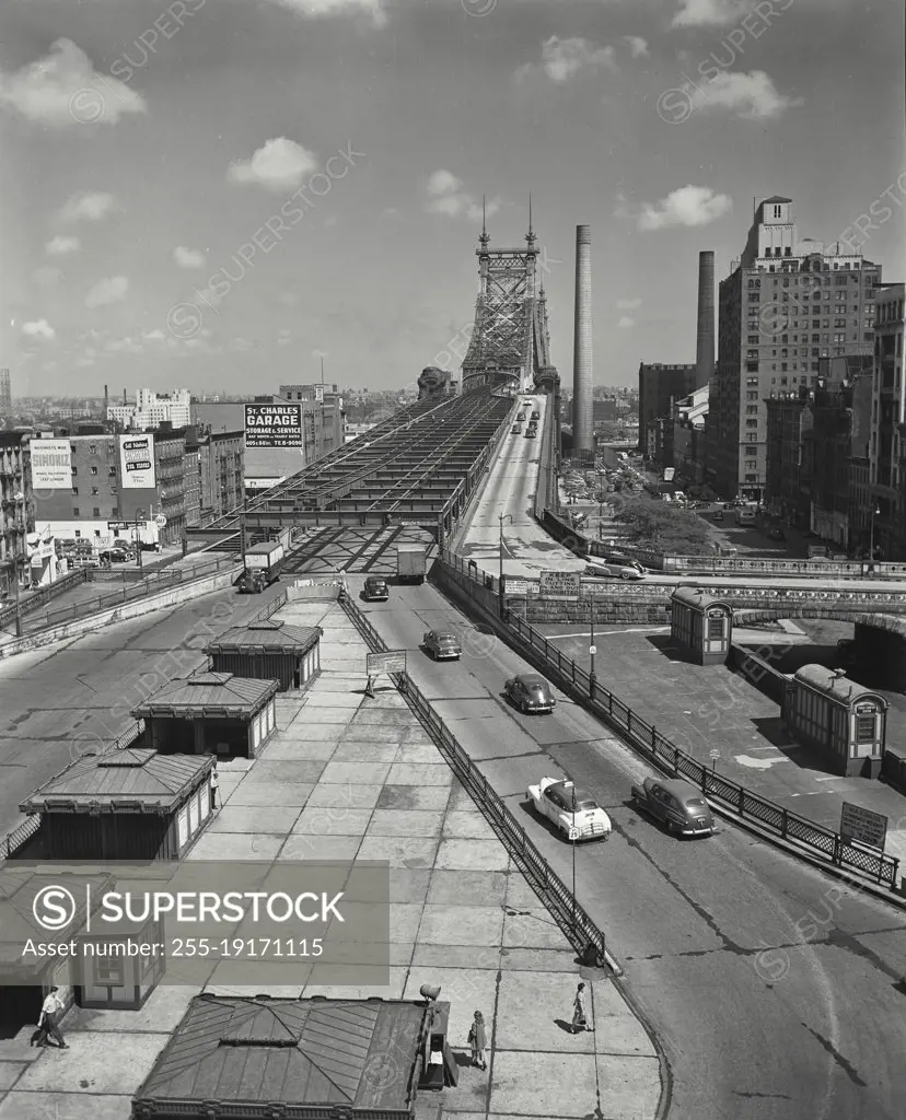 Vintage photograph. view of bridge with cars coming and going. Queensboro Bridge