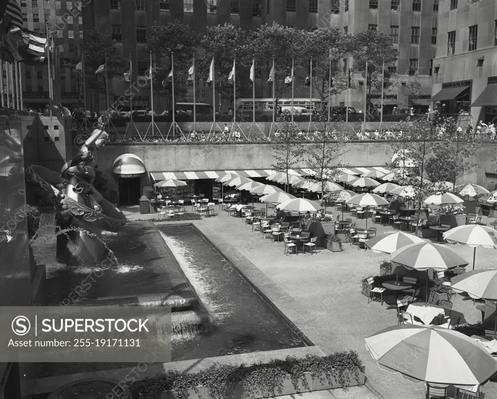 Vintage photograph. restaurant in sunken plaza in Rockefeller center