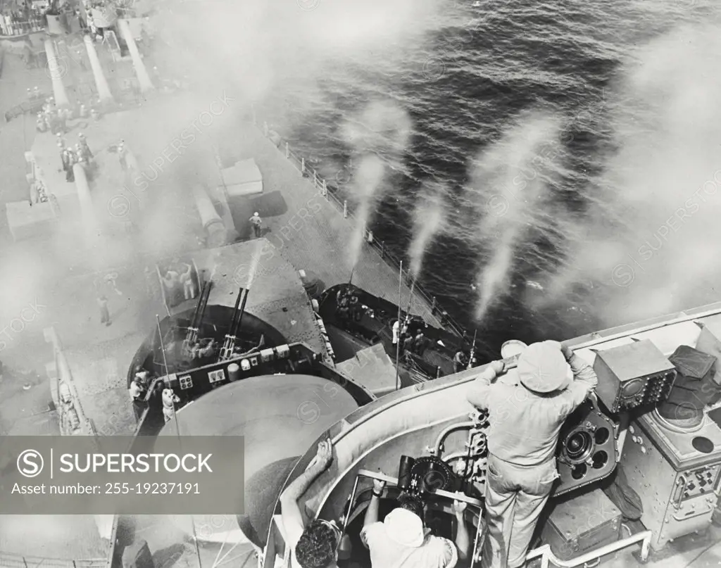 Vintage photograph. Anti-aircraft practice on USS Missouri