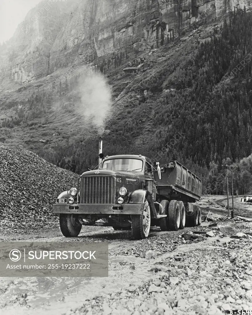 Vintage photograph. A giant diesel truck LFD-405 loads for use in the uranium bearing area