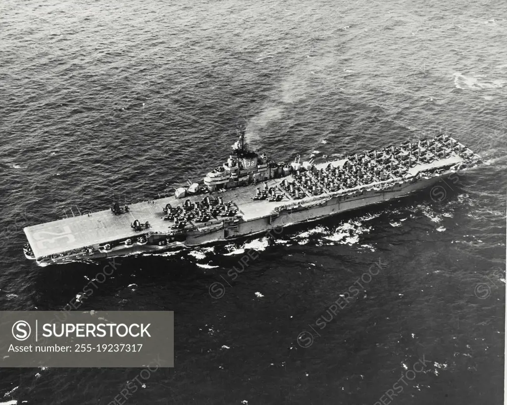 Vintage photograph. Aircraft Carrier USS Leyte underway in Sea of Japan during combat operations against North Korean communist forces