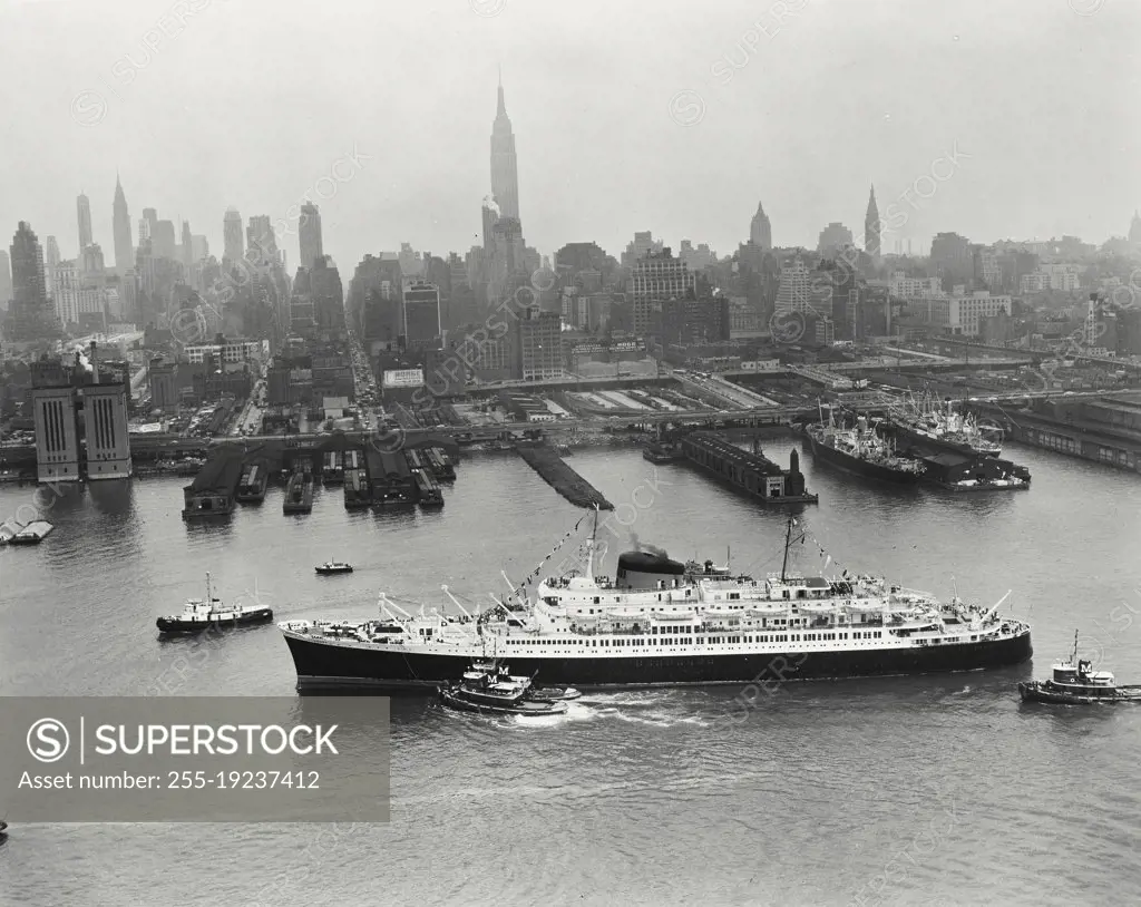 Vintage photograph. SS Flandres arriving in New York