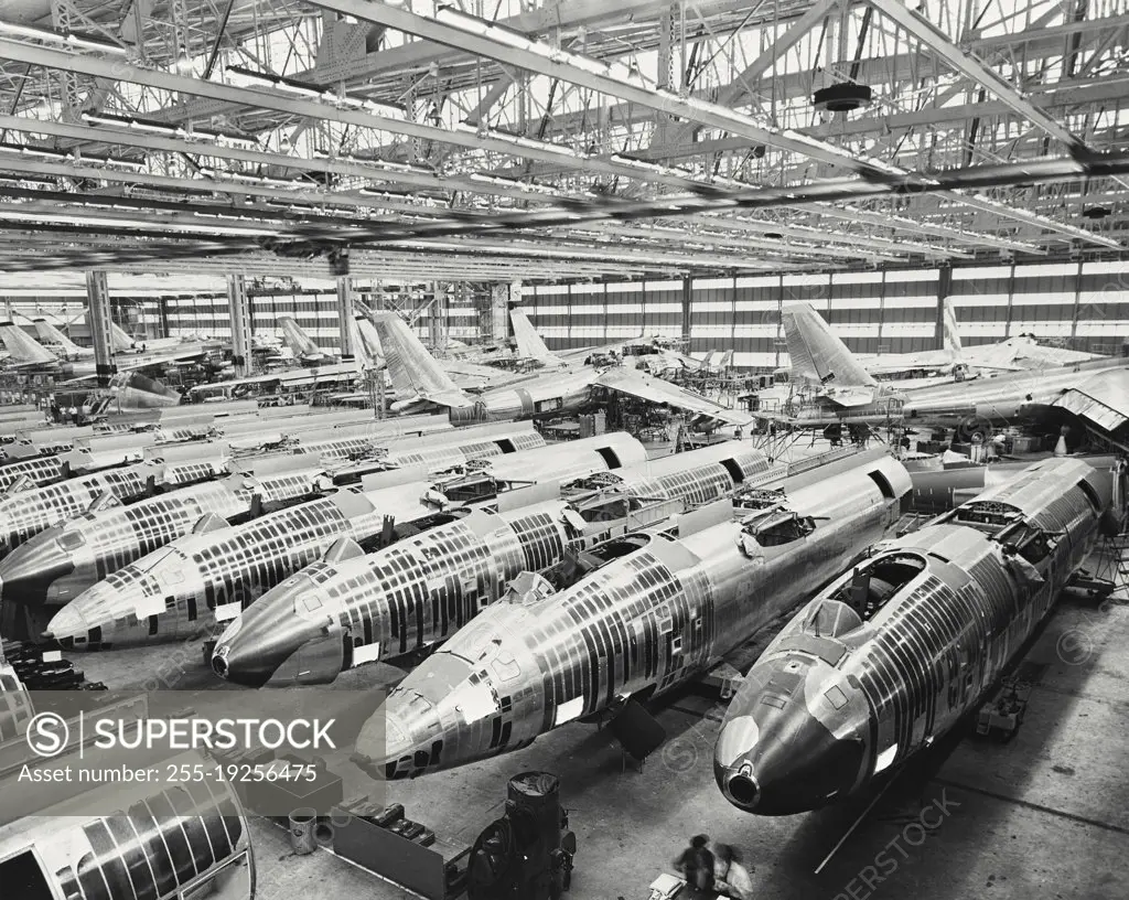 Boeing B-47 Stratojets being built at the Wichita, Kansas Division of Boeing. The Stratojets travel 600 mile an hour and have swept wing