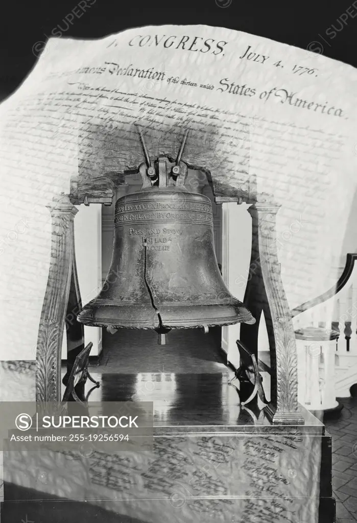 Photo illustration of Liberty Bell in front of Declaration of Independence