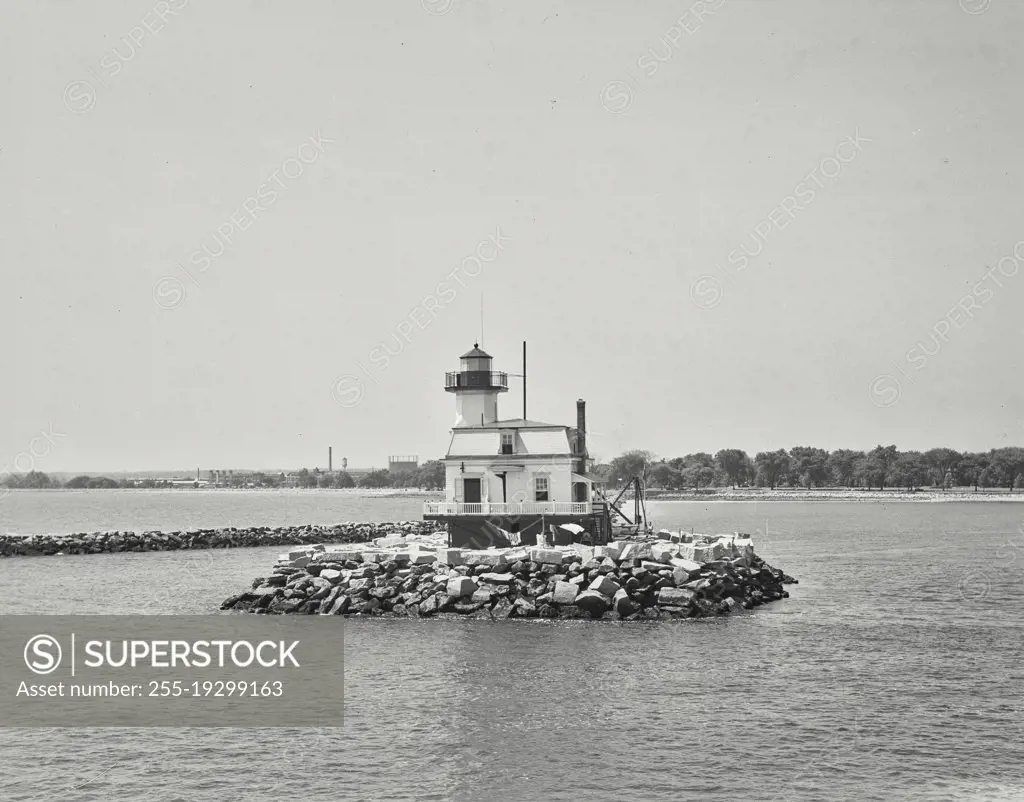 Vintage photograph. Lighthouse on breakwater at entrance to Bridgeport, Connecticut