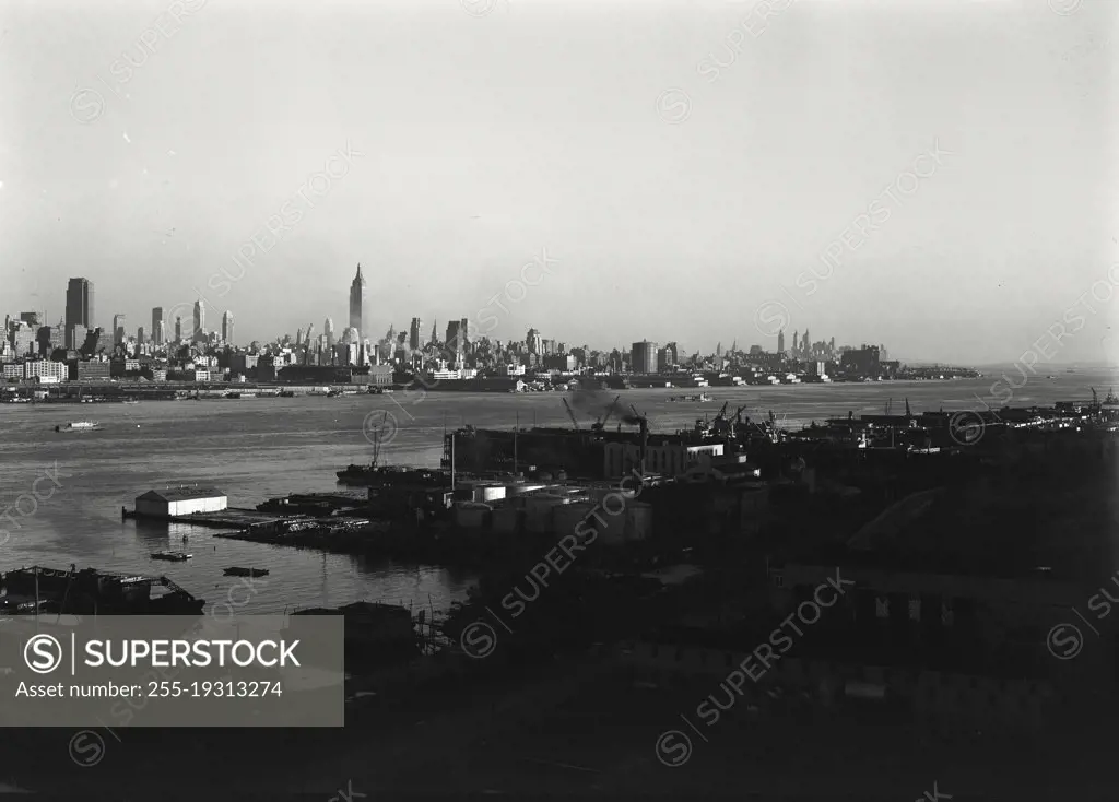 Vintage photograph. Manhattan skyline viewed from New Jersey.