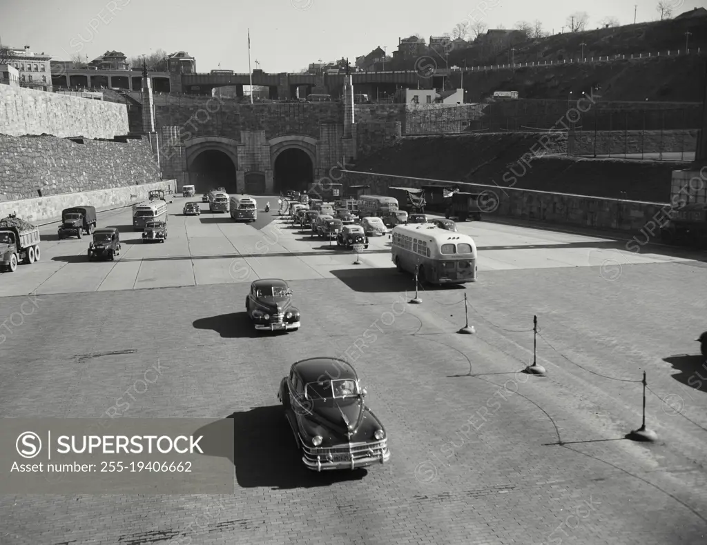 Vintage photograph. Cars entering and exiting Lincoln Tunnel