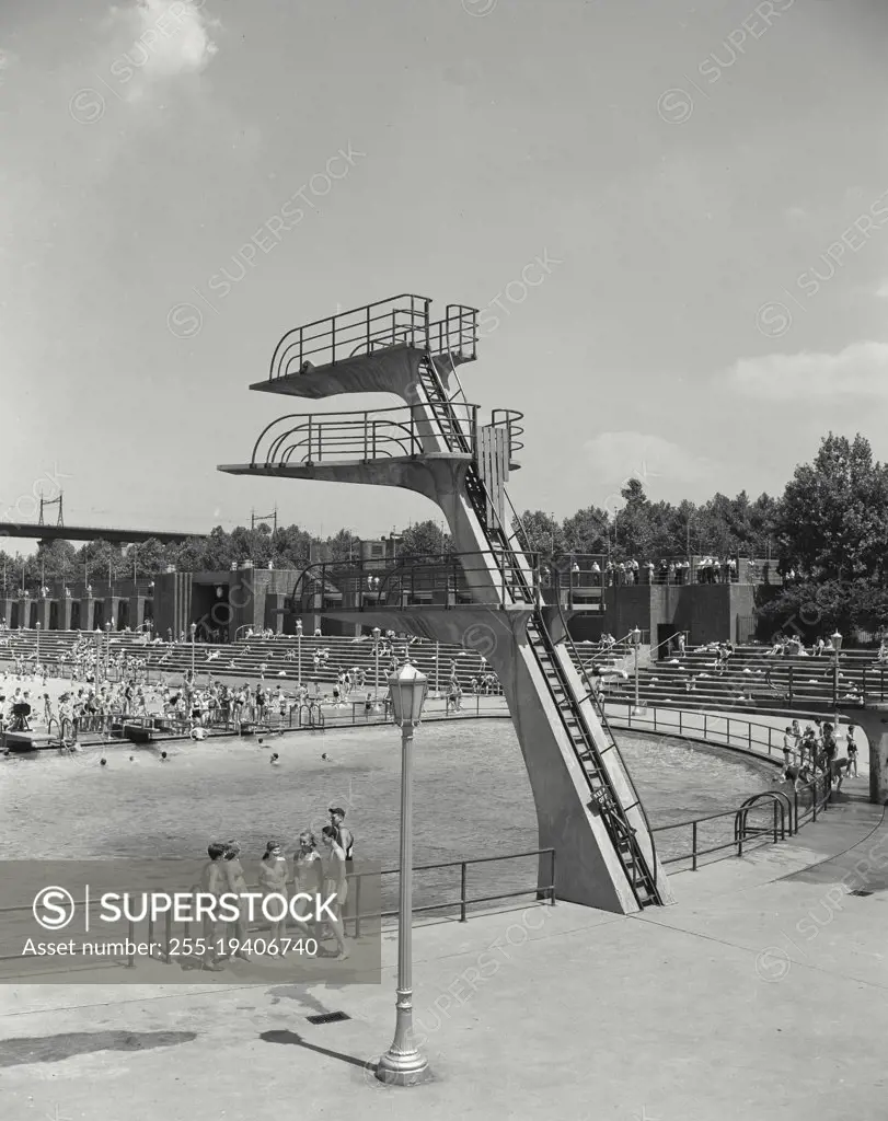 Vintage photograph. Astoria Park Pool. New York City. Diving board at public pool