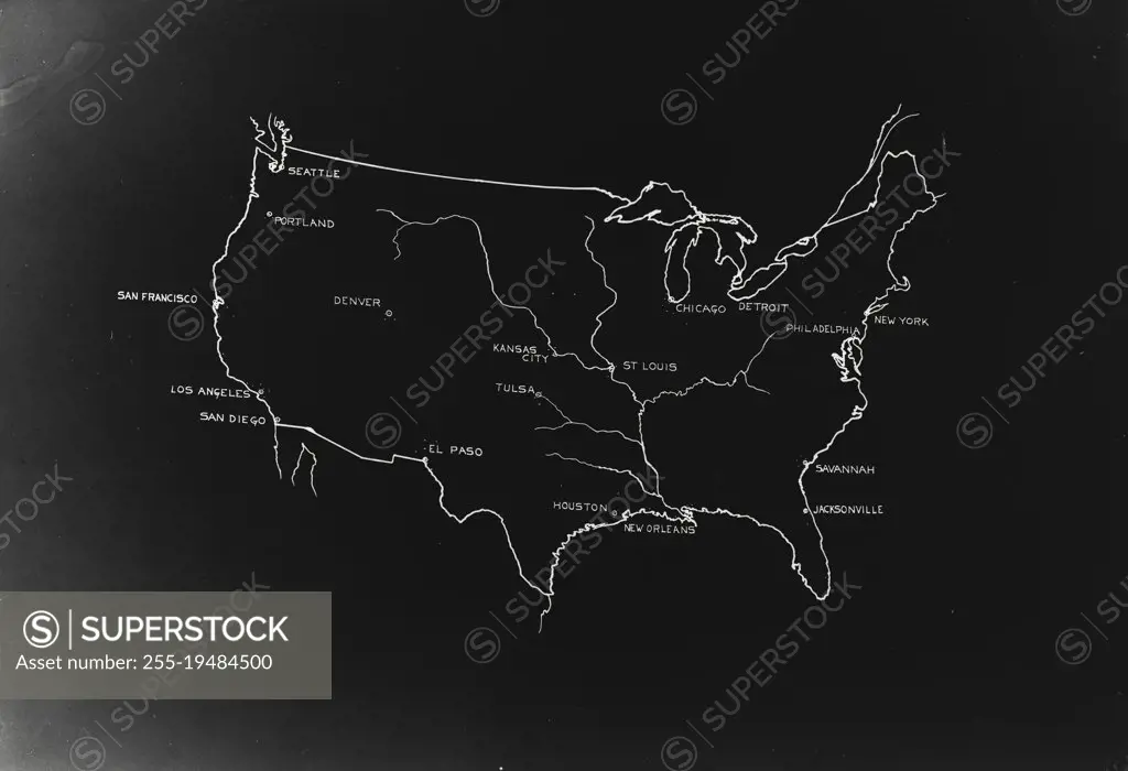 Vintage photograph. Outline of United States with major city locations and major rivers in the central part of the country. White marking on black background