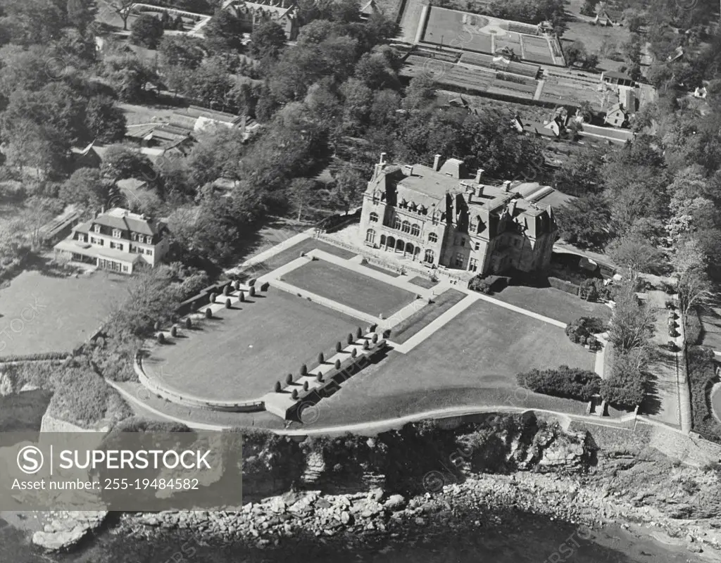 Vintage photograph. Aerial view of the fabulous Palatial Goelet Estate of Ochere Court, which was given by him to the Sisters of Charity and then being used by them as a private school, called Salve Regina, for teenage girls