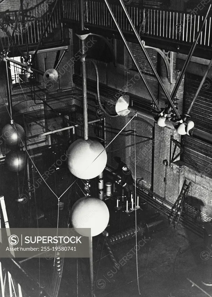 Vintage photograph. The sphere gap and the bus bar arrangements in High Voltage Laboratory, Queen Mary College, England