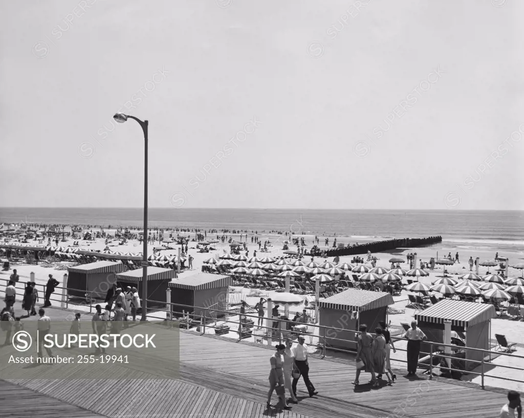 High angle view of tourists on the beach, Atlantic City, New Jersey, USA