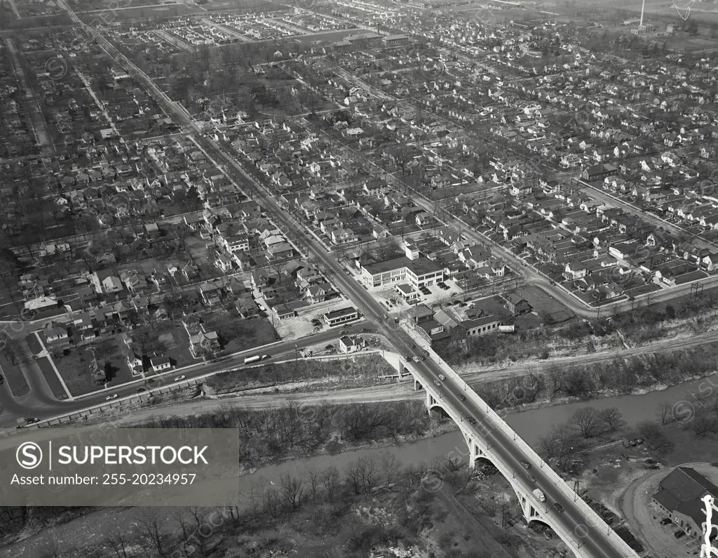 Aerial view of Richmond, Indiana with the Main Street bridge on Route US 40 over the Whitewater gorge. Large building is Richmond Bottling Company which is a Coca Cola distributor