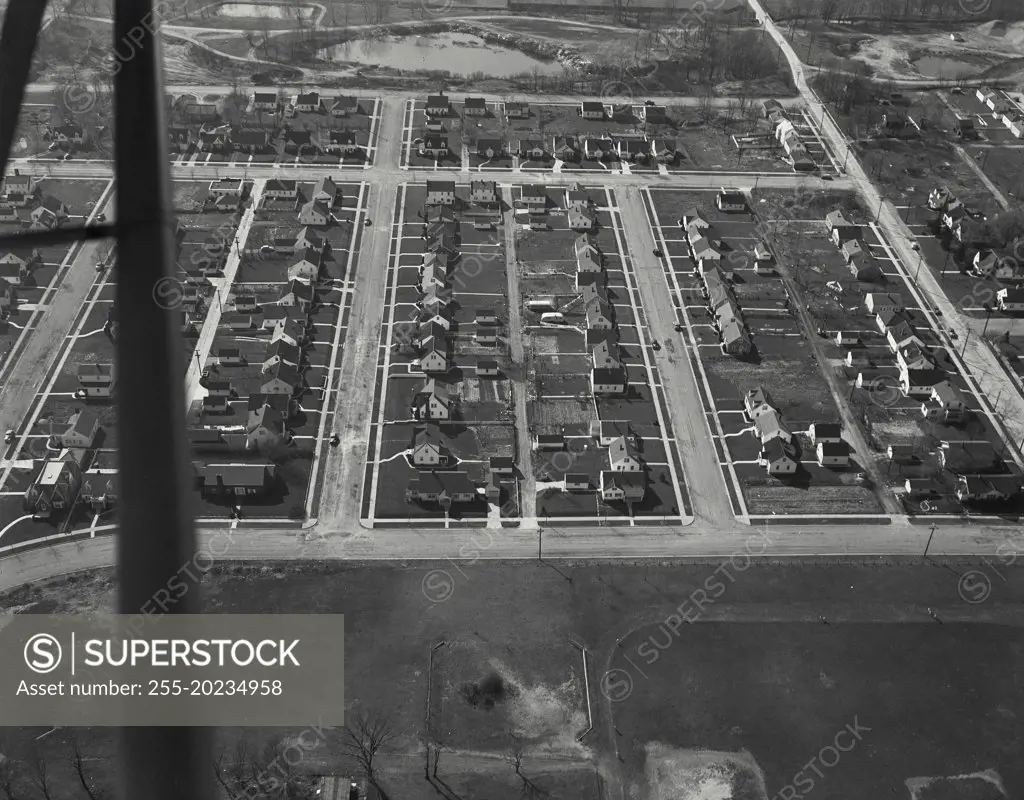 Aerial view of Richmond, Indiana showing a new housing project finished in 1945. It is owned by individuals and the Richmond Property Group