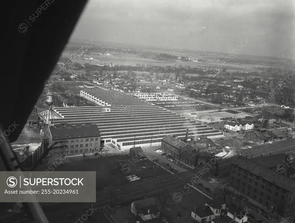 Aerial view of Richmond, Indiana showing The Wayne Works, manufacturers of well known School bus bodies