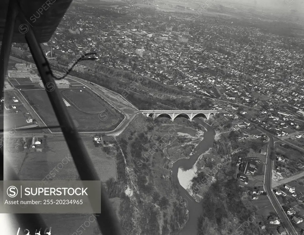 Aerial view of Richmond, Indiana showing the South "G" bridge over the Whitewater River. The road on the right is US highway 27