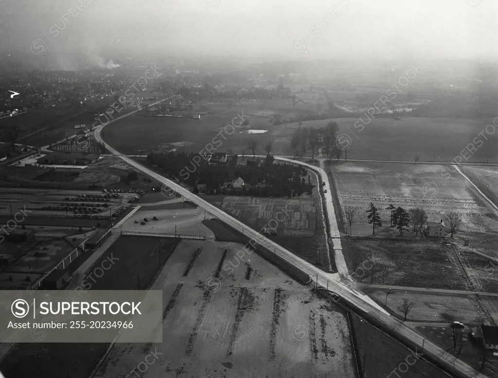 Aerial view of Wayne County, Indiana on state Route 38, showing small reforestation project in middle distance