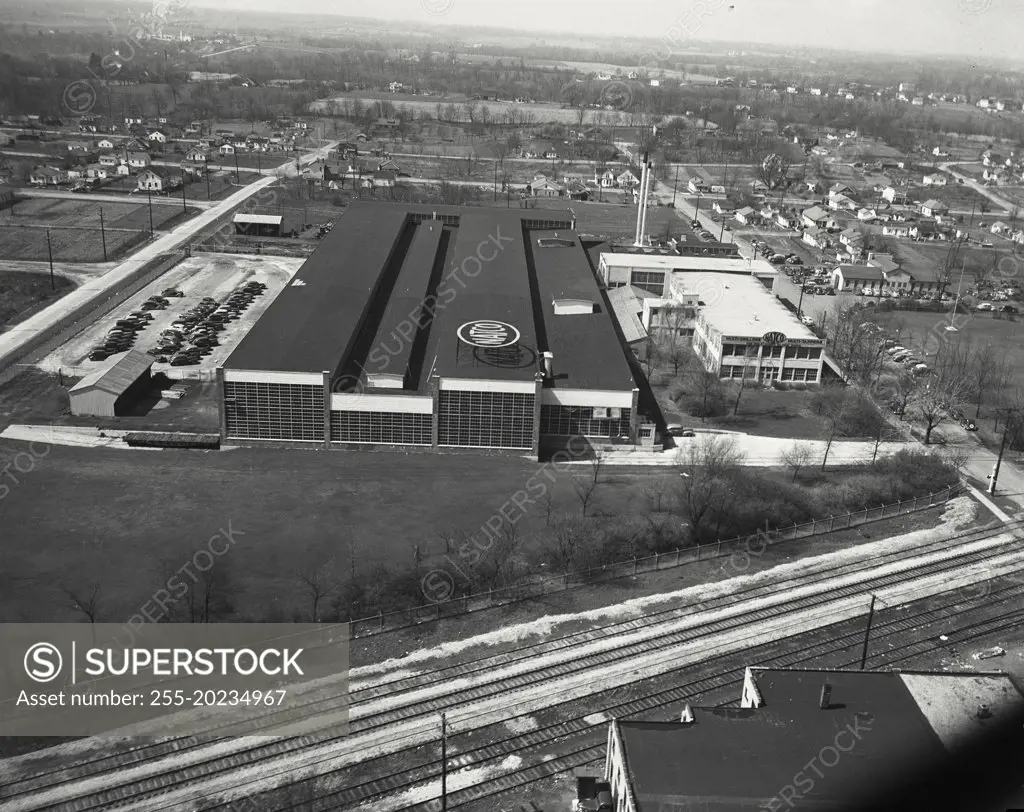 Aerial view of Richmond, Indiana showing NATCO building, National Automatic Tool Company, and the Chesapeake and Ohio Railroad at angle