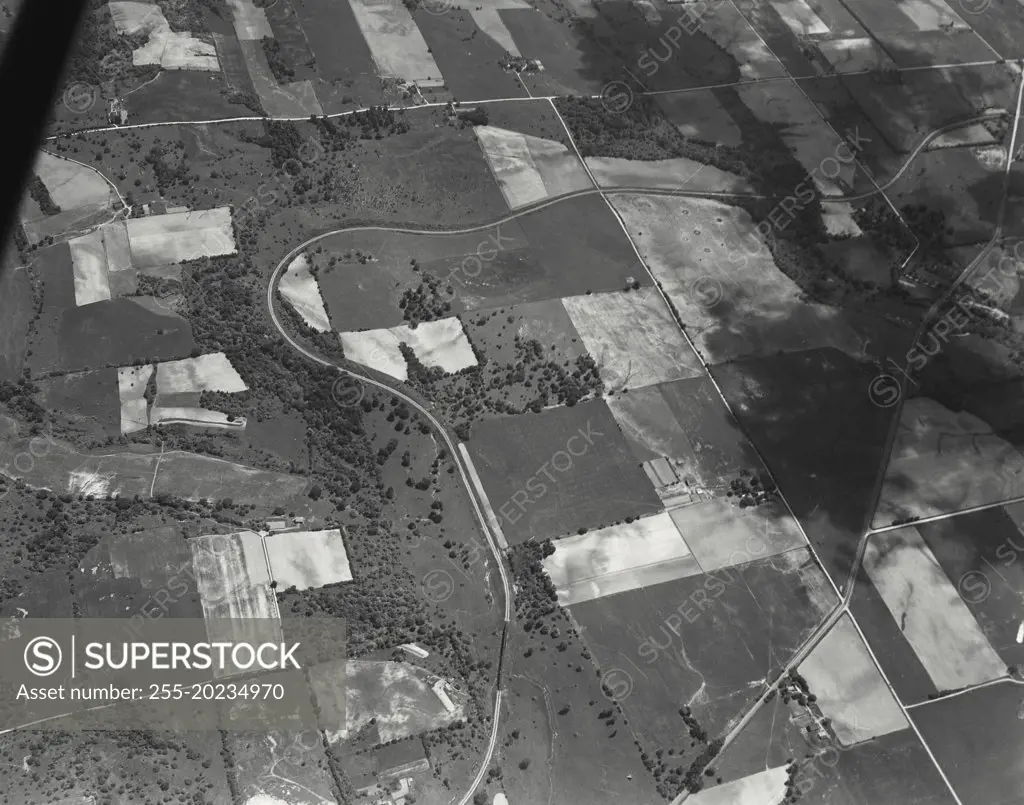 Aerial view of area south of Richmond, Indiana. A turn in the Pennsylvania Railroad, Cincinnati Division is shown in center