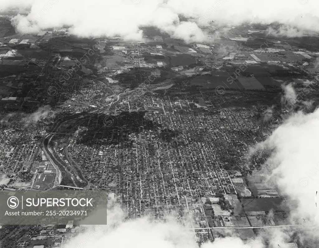 Aerial view of Richmond, Indiana at 6000 feet altitude. New Richmond High school is on the left, along with Whitewater River gorge