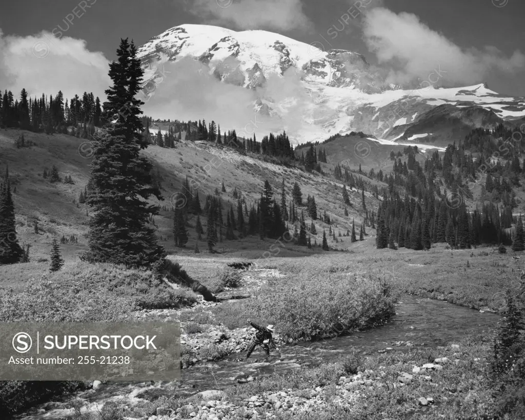 Man fishing for trout in a lake, Reflection Lake, Mount Rainier National Park, Washington, USA