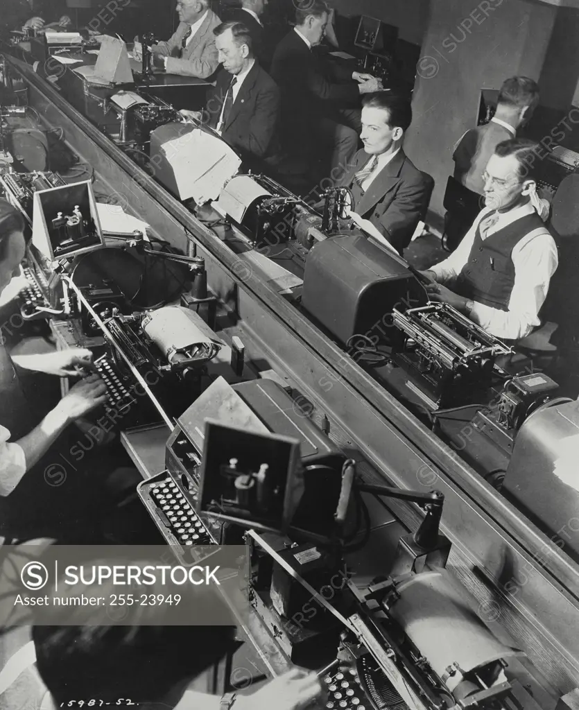 Vintage Photograph. Telegraph desk at the New York Times. Here the wire news from all over the world and from various wire services comes in.