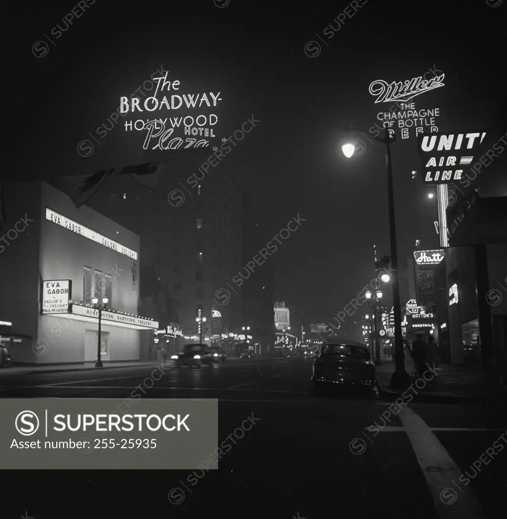 Vintage Photograph. Night view of Vine Street looking toward Hollywood Blvd, Los Angeles, California