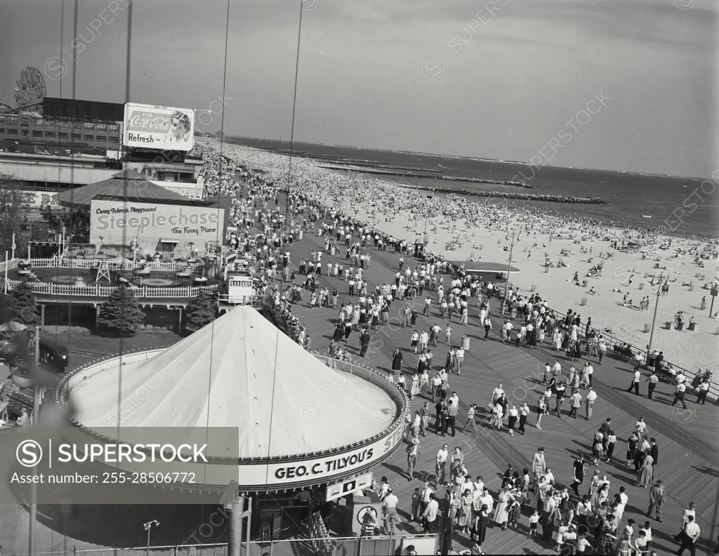 Vintage Photograph. General view of boardwalk, beach, and Steeplechase Park, Coney Island, New York