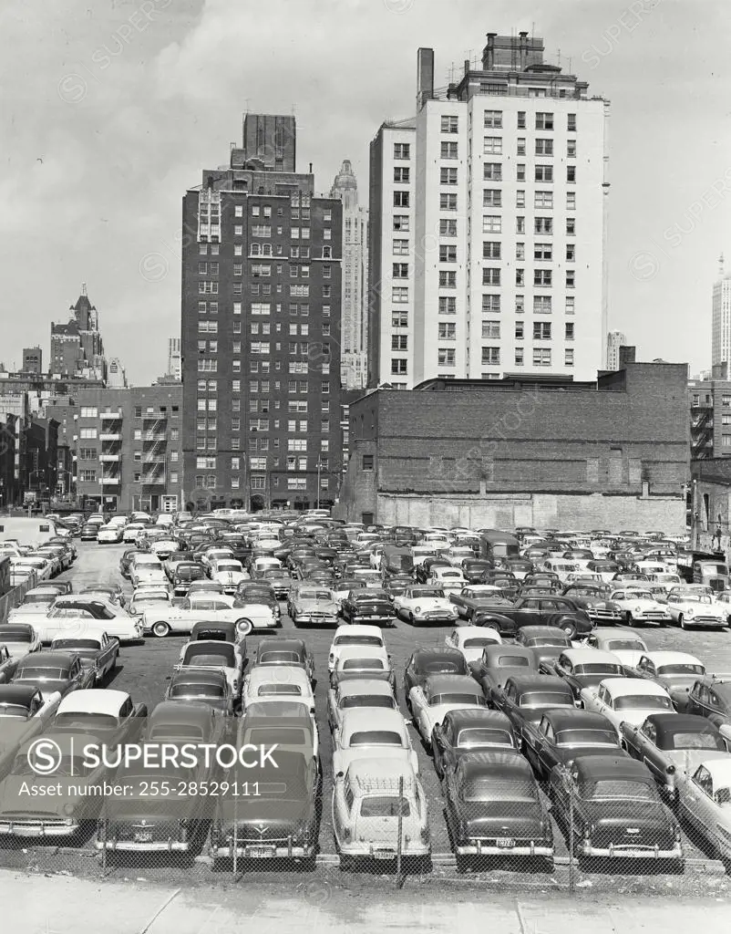 Vintage Photograph. Cars in parking lot near East River Drive and 48th Street, New York City