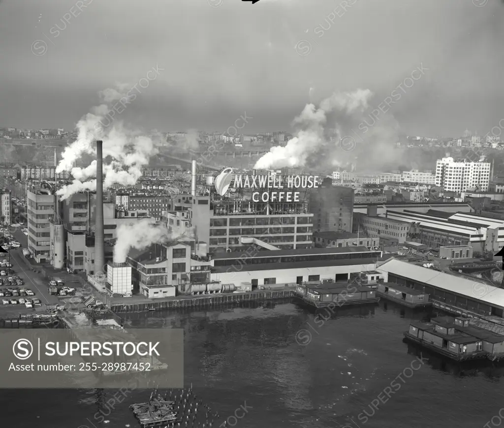 Vintage Photograph. Aerial view of Maxwell House Coffee Plant, Hoboken, New Jersey