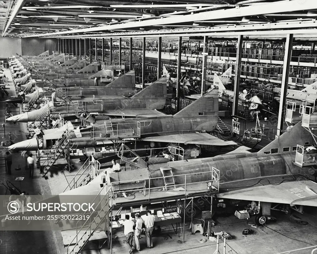 Vintage Photograph. Assembly line of the Convair F-102A supersonic all-weather interceptor