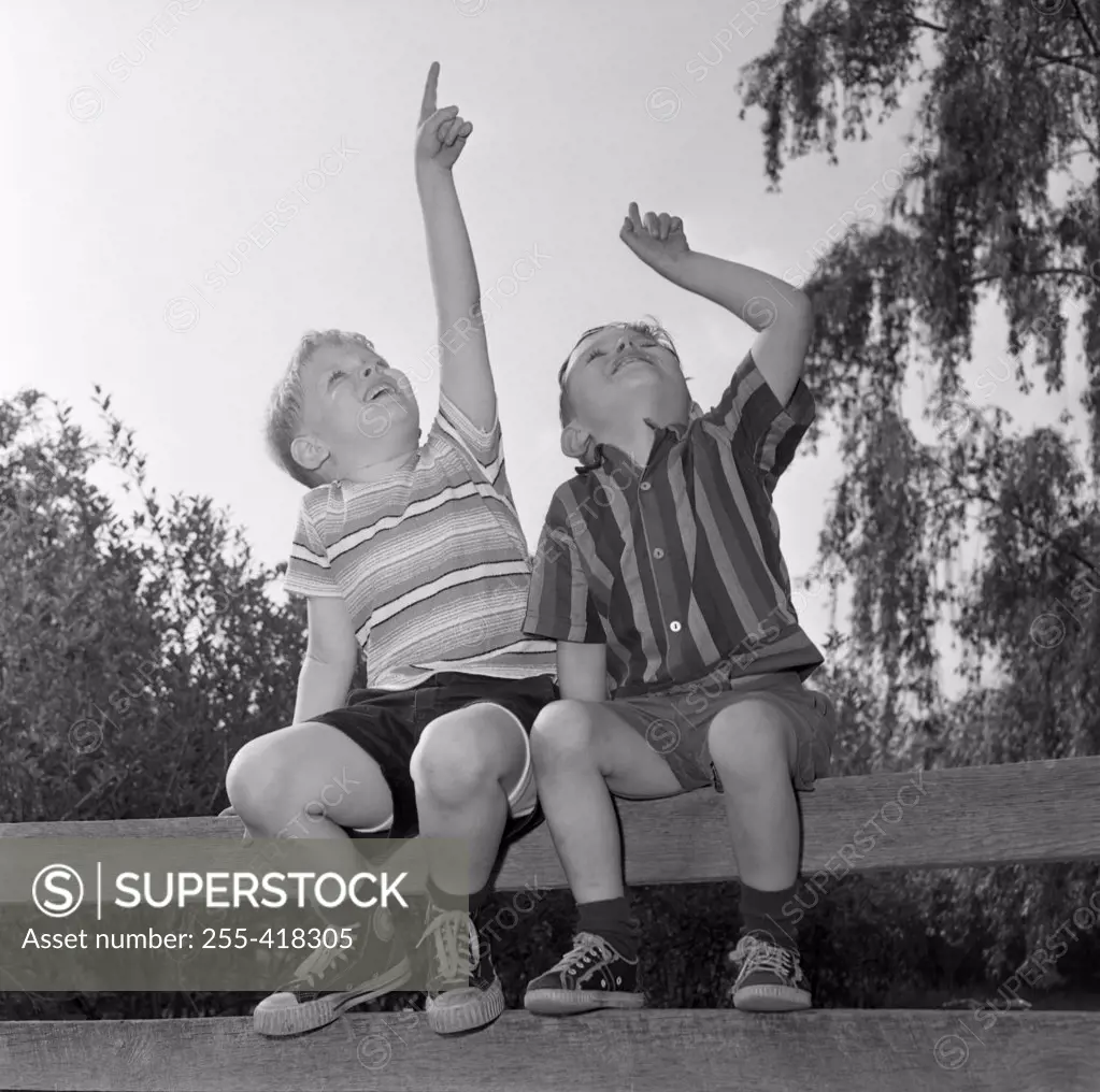 Two boys pointing to sky