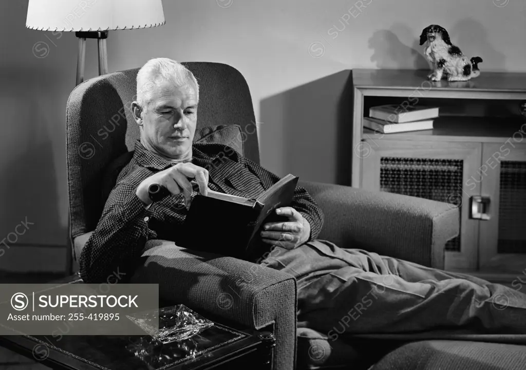 Senior man sitting in armchair and reading book