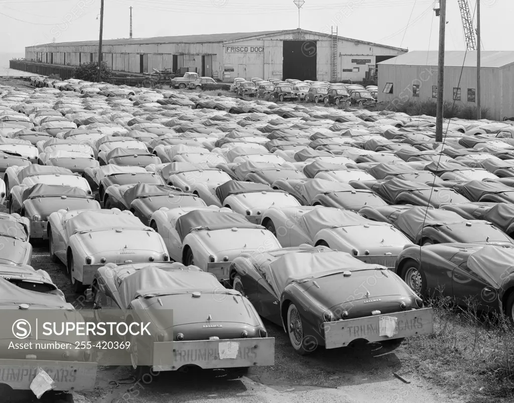 USA, California, San Francisco, Triumph cars from England at Frisco Dock