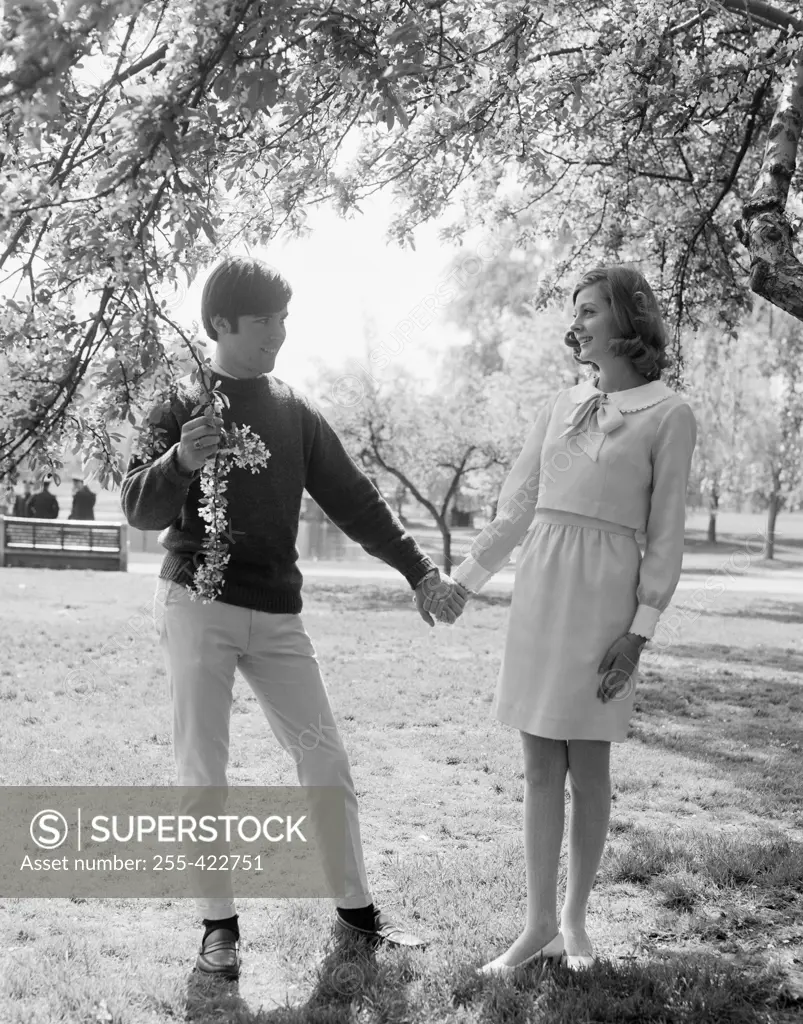 Young couple standing under tree holding hands