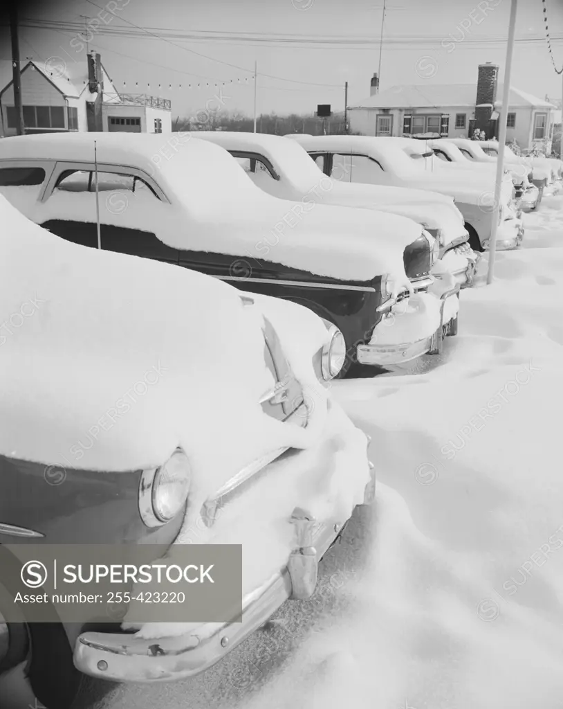 Cars covered with snow in winter