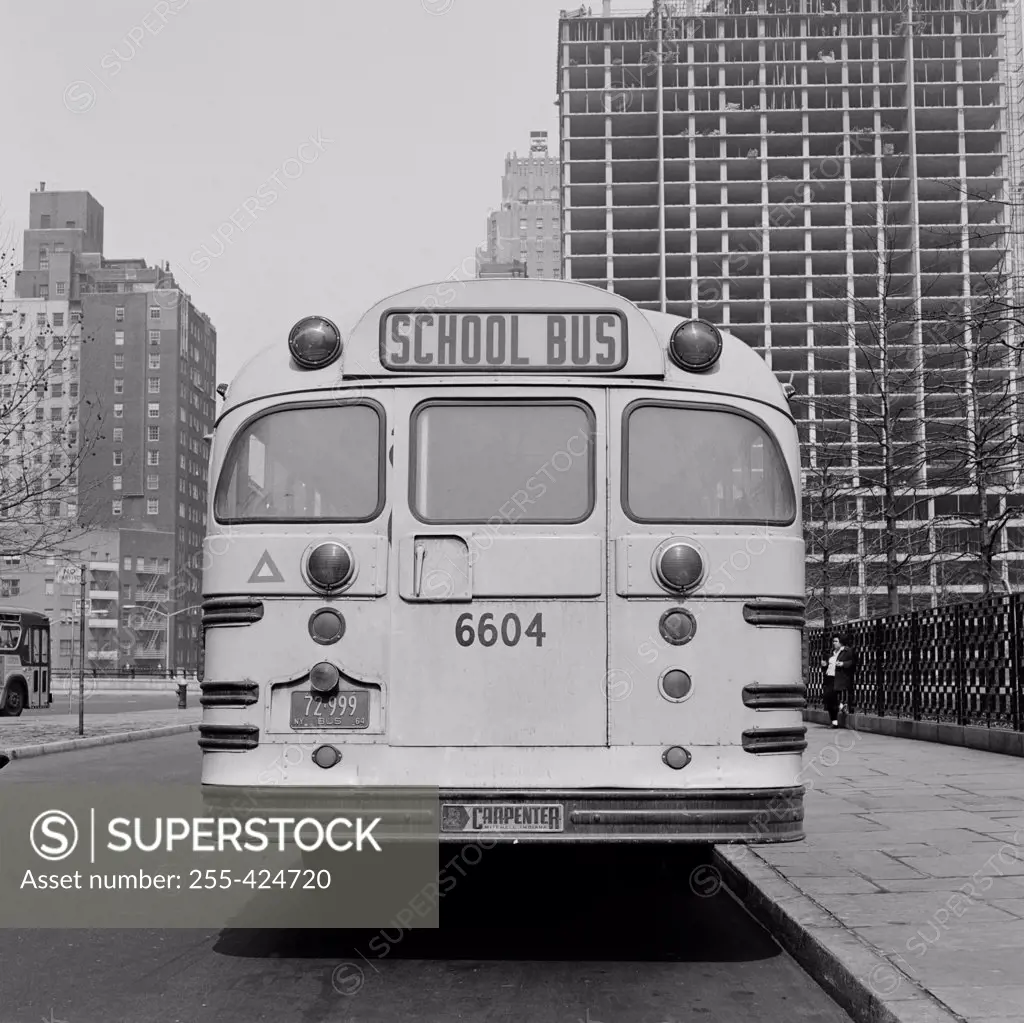 School bus parked on city street