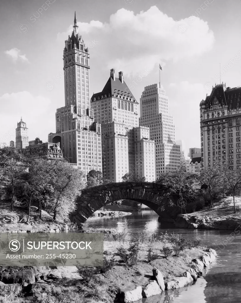 Low angle view of skyscrapers, Central Park, New York City, New York, USA