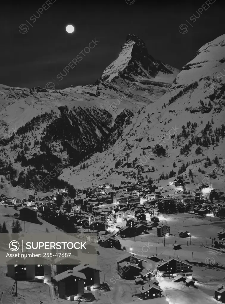 High angle view of a village lit up at night, Matterhorn, Switzerland