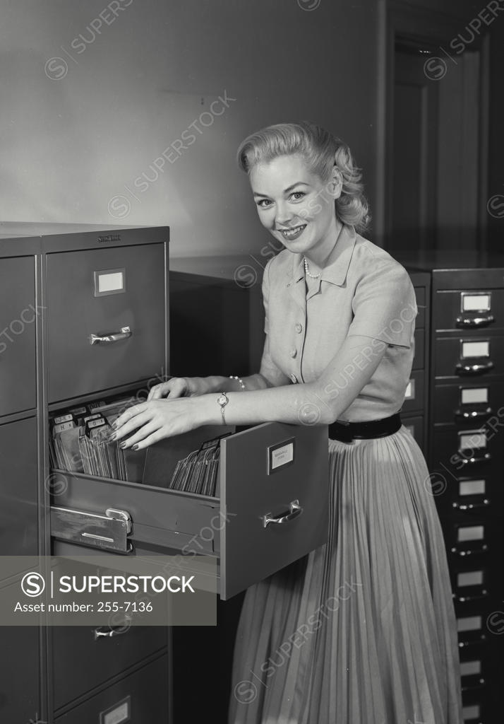 Vintage Photograph Young Woman Wearing Dress Going Through Folders In