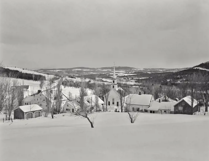 Vintage photograph. Village of Waterford, Vermont. Winter, snow, Church, town. landscape