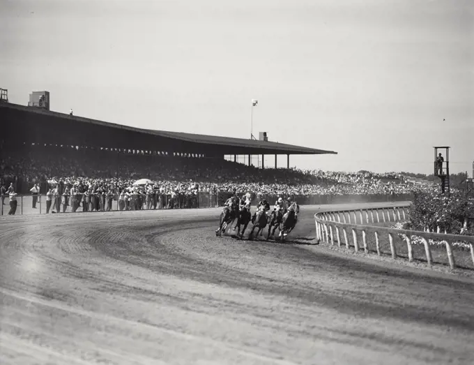 Vintage photograph. Racing at Aquaduct Race Track, New York City