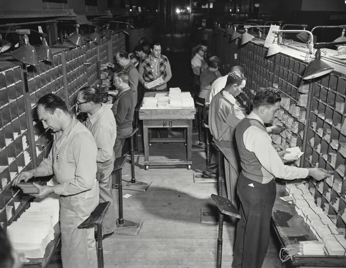 Vintage photograph. New York General Post Office. Distributing city mails.