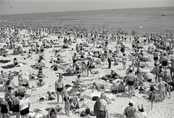 Vintage photograph. Crowded day at Jones Beach, Long Island