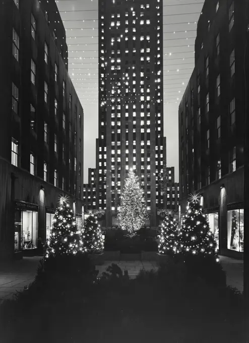 Vintage photograph. christmas scene at rockefeller center