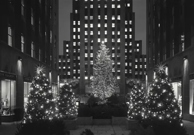 Vintage photograph. christmas decorations at rockefeller center